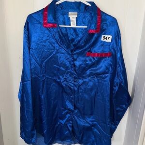 Adonna Royal Blue Satin Pajama Set with Pink Trim Large